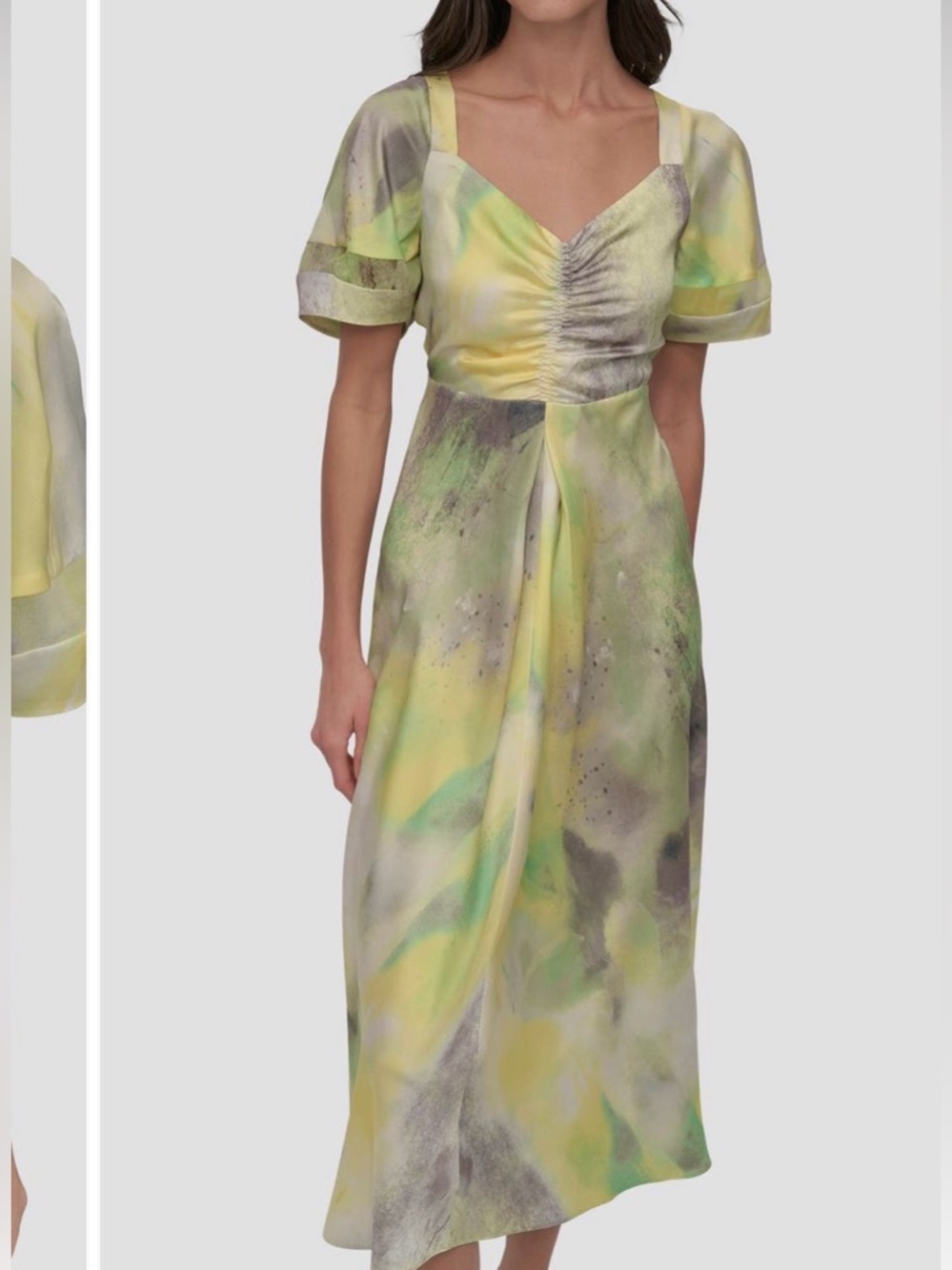 DKNY Printed Satin Midi Dress Watercolor Yellow Green Size Large NEW - Picture 4 of 12